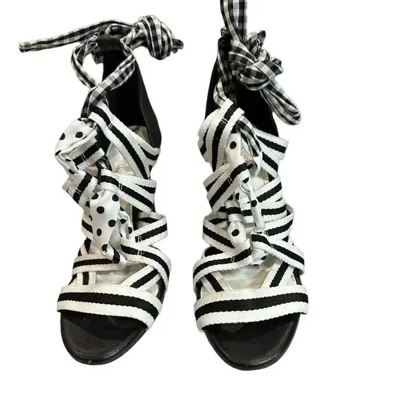 Gianni Bini Black Abrianna Gingham Lace Up Sandals 3.93” stiletto heels Size 6.5 - Picture 7 of 12